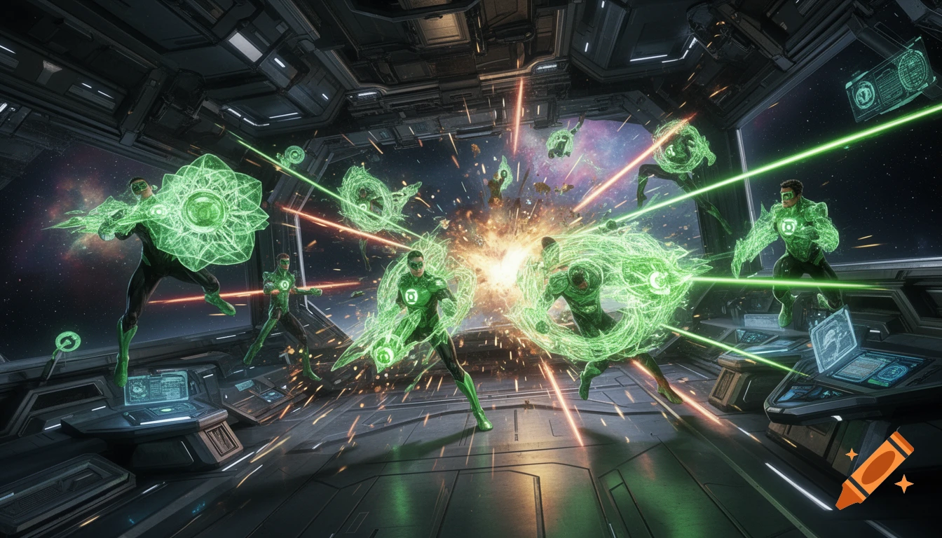 Multiple Green Lanterns battle in a high-tech space station, deflecting lasers and an explosion with glowing green energy constructs.