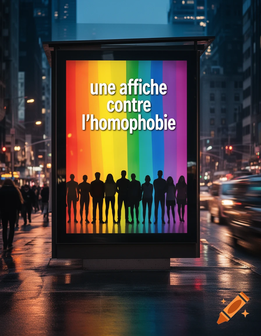 A night city street with a glowing billboard displaying "une affiche contre l'homophobie" (a poster against homophobia) on a rainbow background, with silhouetted figures.