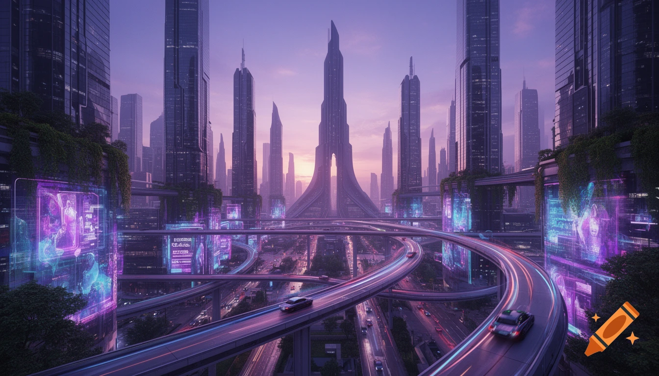 A stunning futuristic cityscape at sunset, featuring towering ...