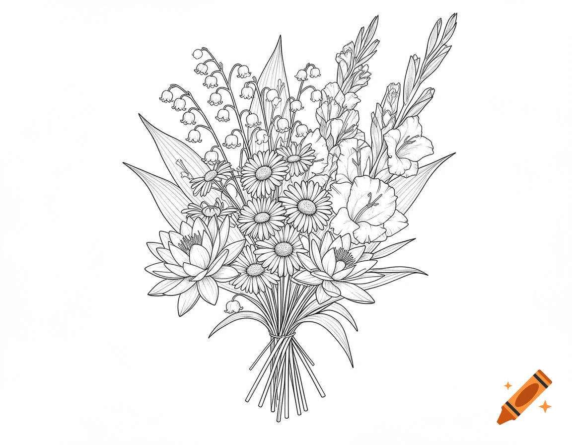 Black and white thin line drawing of a bouquet featuring lily of the valley, daisies, water lilies, and gladiolus flowers.