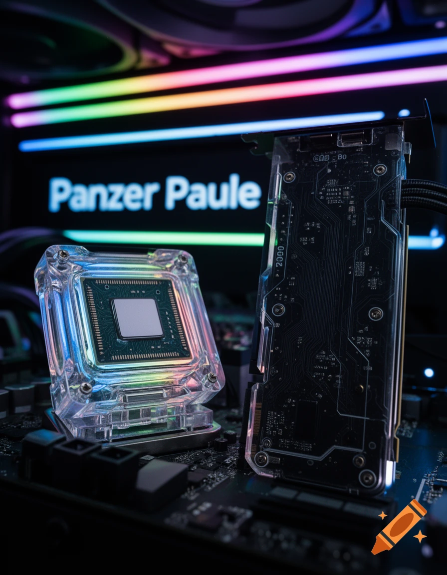 Close-up of a clear CPU water block and a black transparent GPU, illuminated by colorful RGB lights with 'Panzer Paule' on a screen.