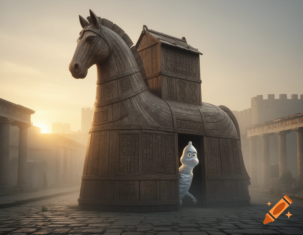 A cartoon sentient condom with wide eyes peeking from an opening in a large wooden Trojan Horse, set against an ancient city at sunset.