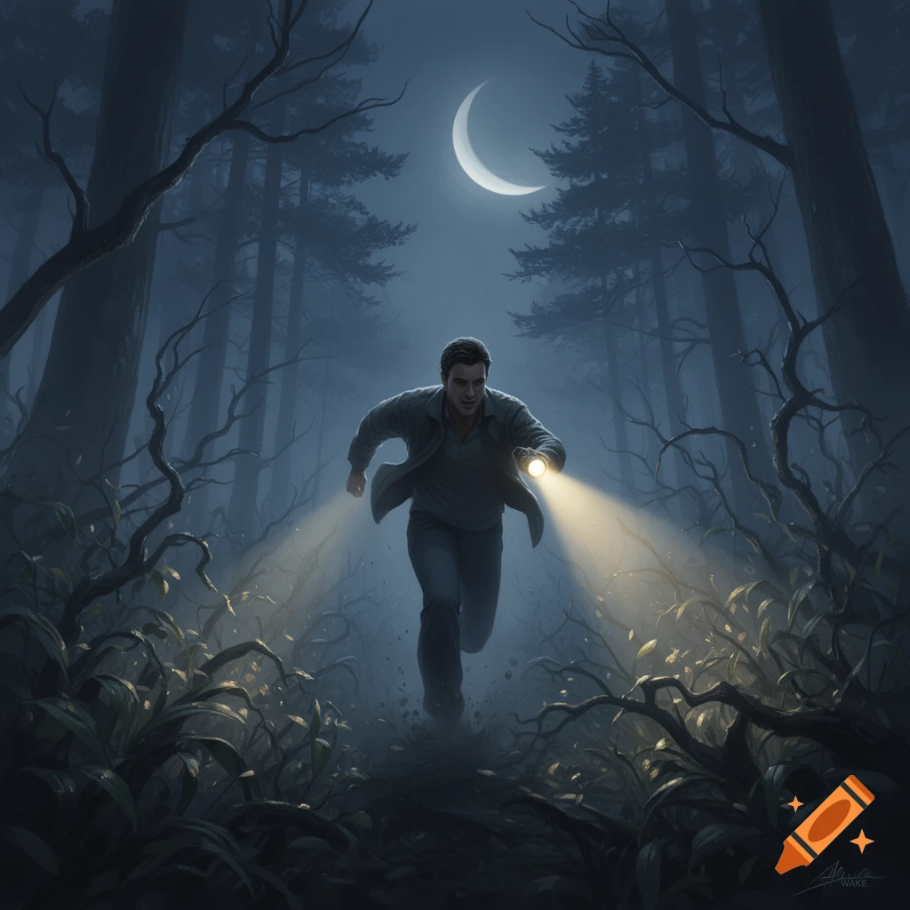A man runs through a dark, foggy forest at night, holding a flashlight that illuminates his path. A crescent moon hangs above.