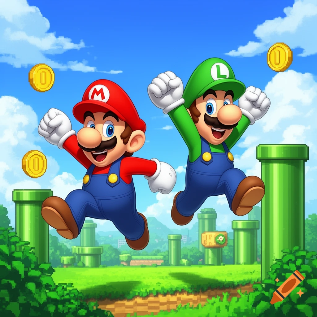Mario and Luigi jump joyfully through a vibrant, pixelated video game landscape with green pipes and golden coins under a blue sky.