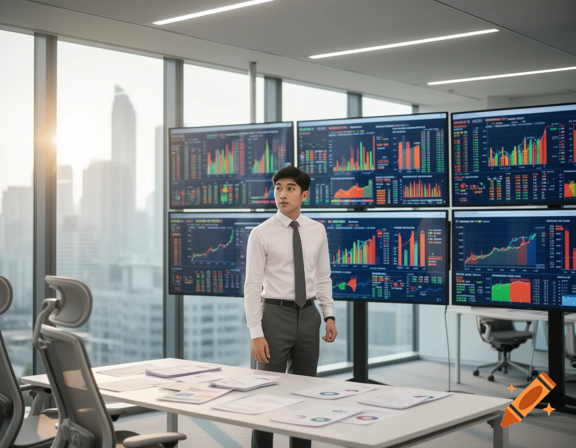 A young man in a white shirt and tie stands in a modern office with large windows overlooking a city skyline and multiple screens displaying financial charts.