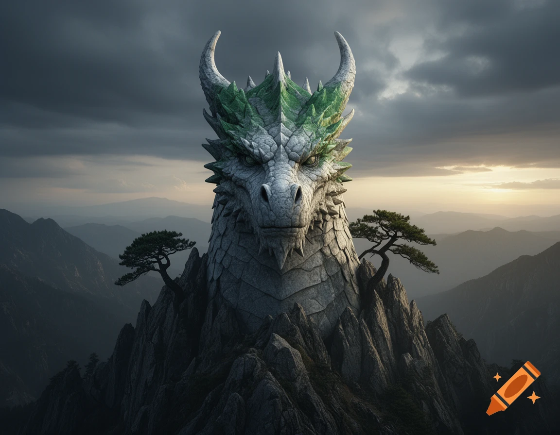 A majestic stone dragon's head, with green scales and horns, merges with a rugged mountain peak under a dramatic, cloudy sky.