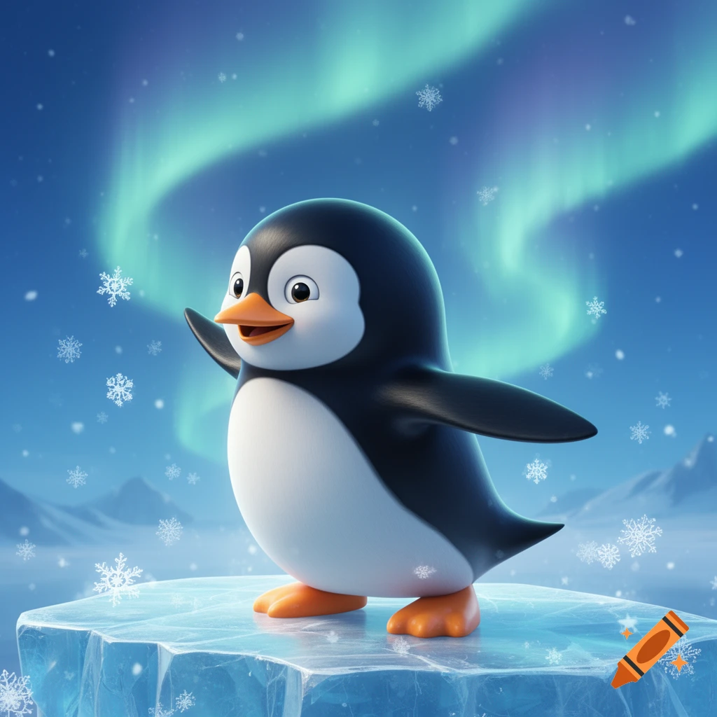 A cute cartoon penguin stands on a glowing ice floe with a happy expression, surrounded by falling snowflakes and a vibrant aurora borealis in the night sky.