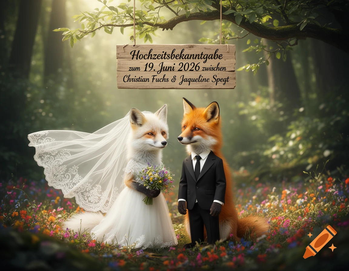 A white fox in a wedding dress holding a bouquet and a red fox in a suit stand in a lush forest with a wedding announcement sign hanging above.