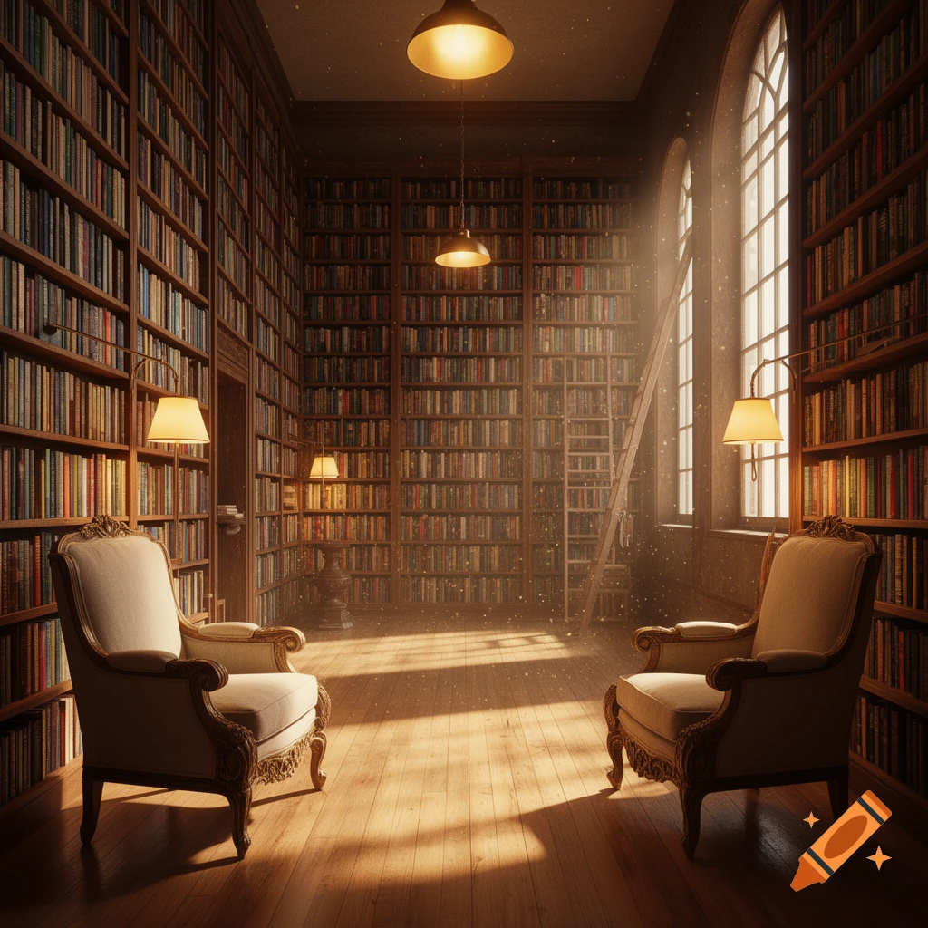 Grand library interior with towering bookshelves, two ornate armchairs on a sunlit wooden floor, and arched windows.