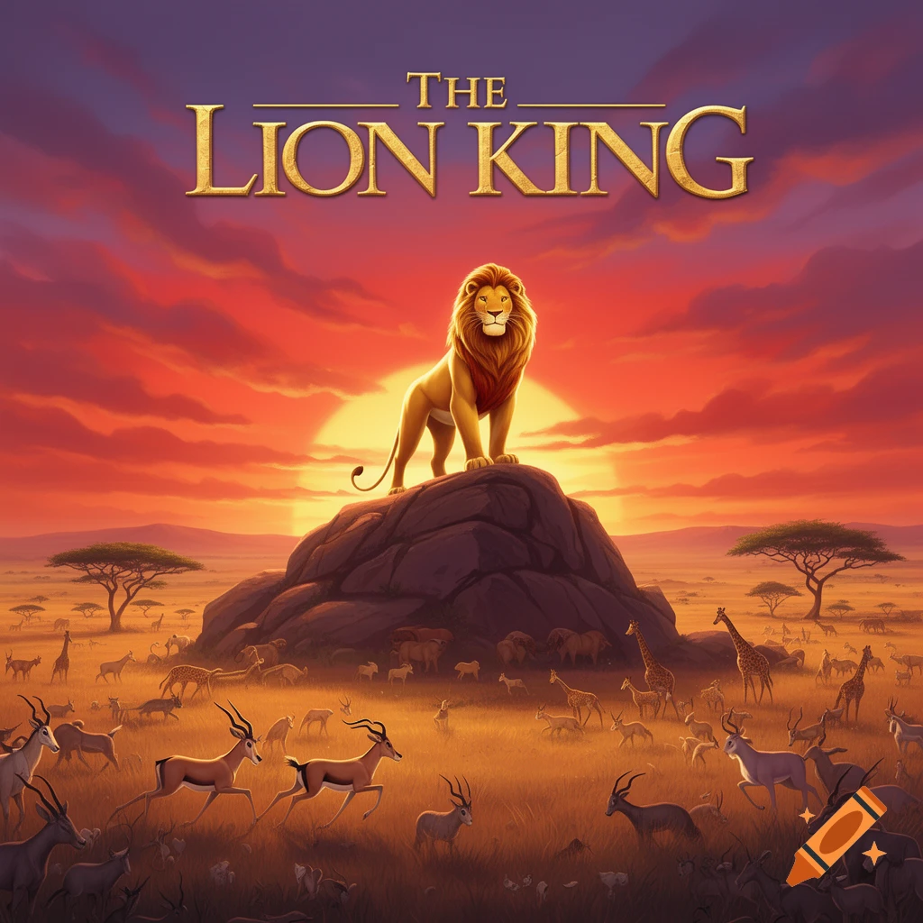 A majestic golden-maned lion stands on a rock at sunset in the savanna, surrounded by various wildlife. Text "THE LION KING" at the top.