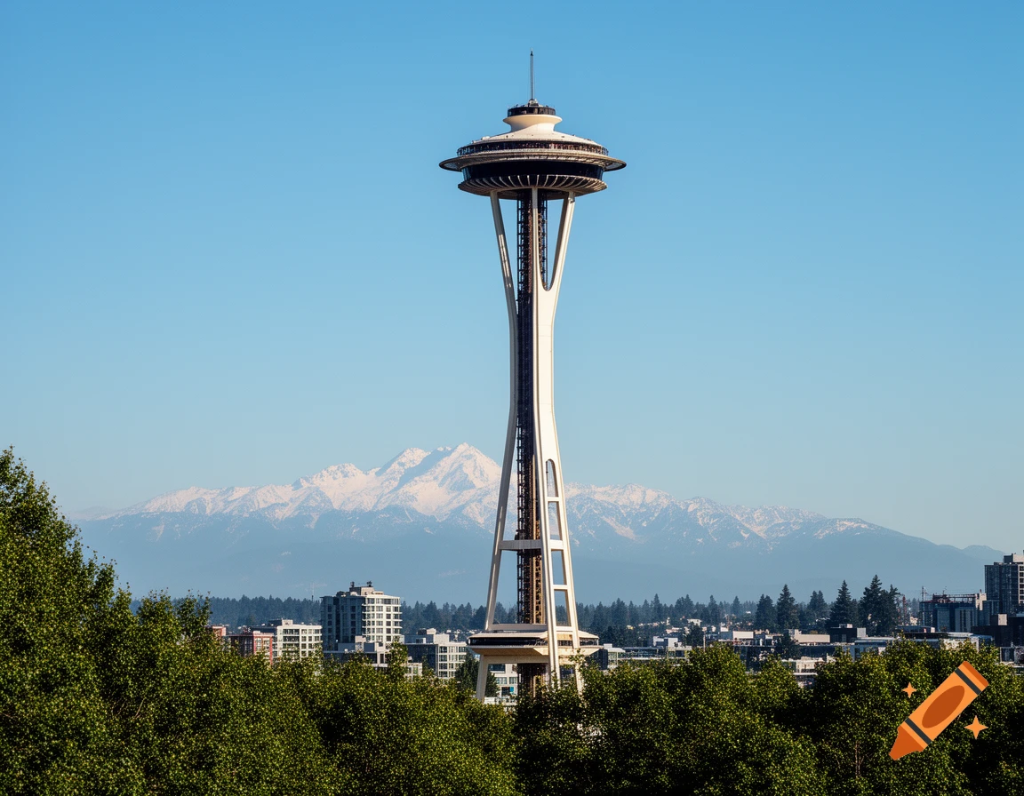 Photorealistic view of the Space Needle under a clear blue sky, with snow-capped mountains and city in the background.