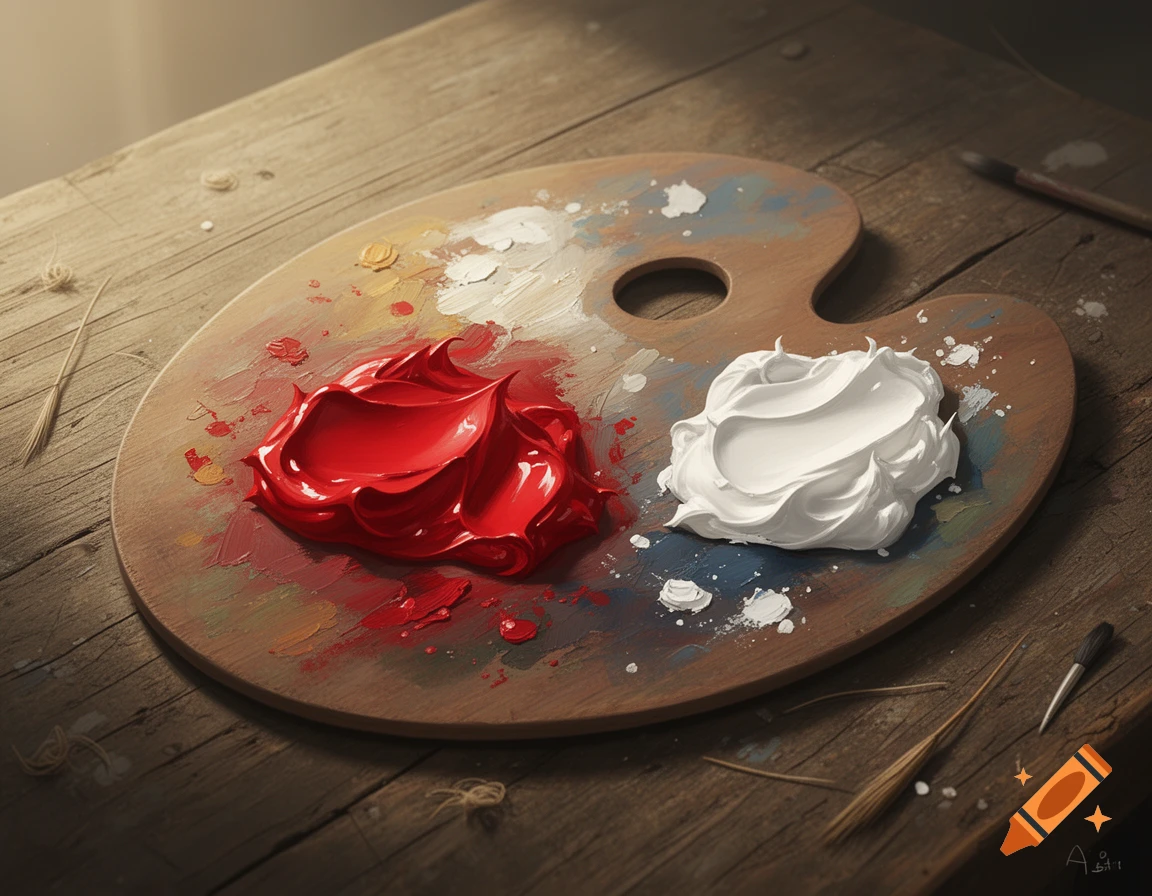 An artist's wooden palette with vibrant red and white paint blobs, partially mixed with other colors, on a rustic wooden table.