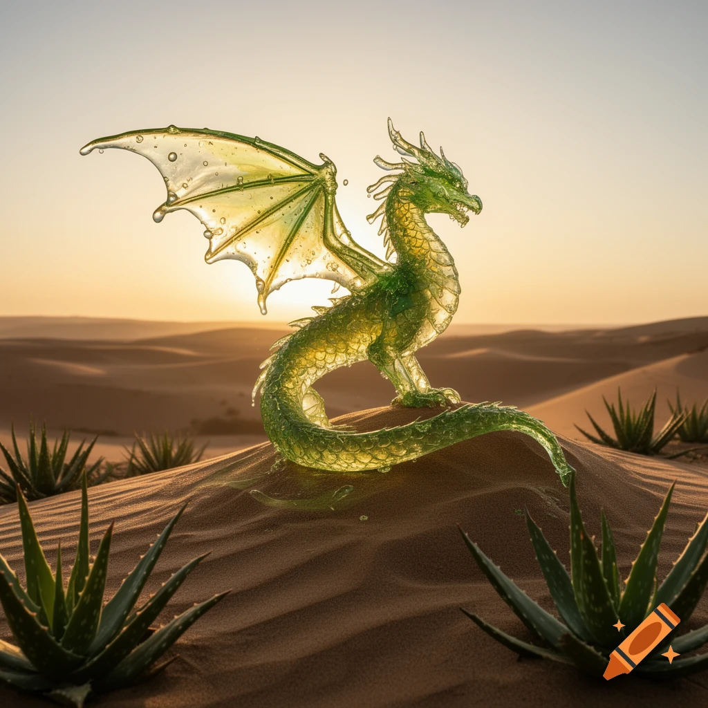 A shimmering green dragon made of gel stands on a desert dune with aloe plants, backlit by a sunset.