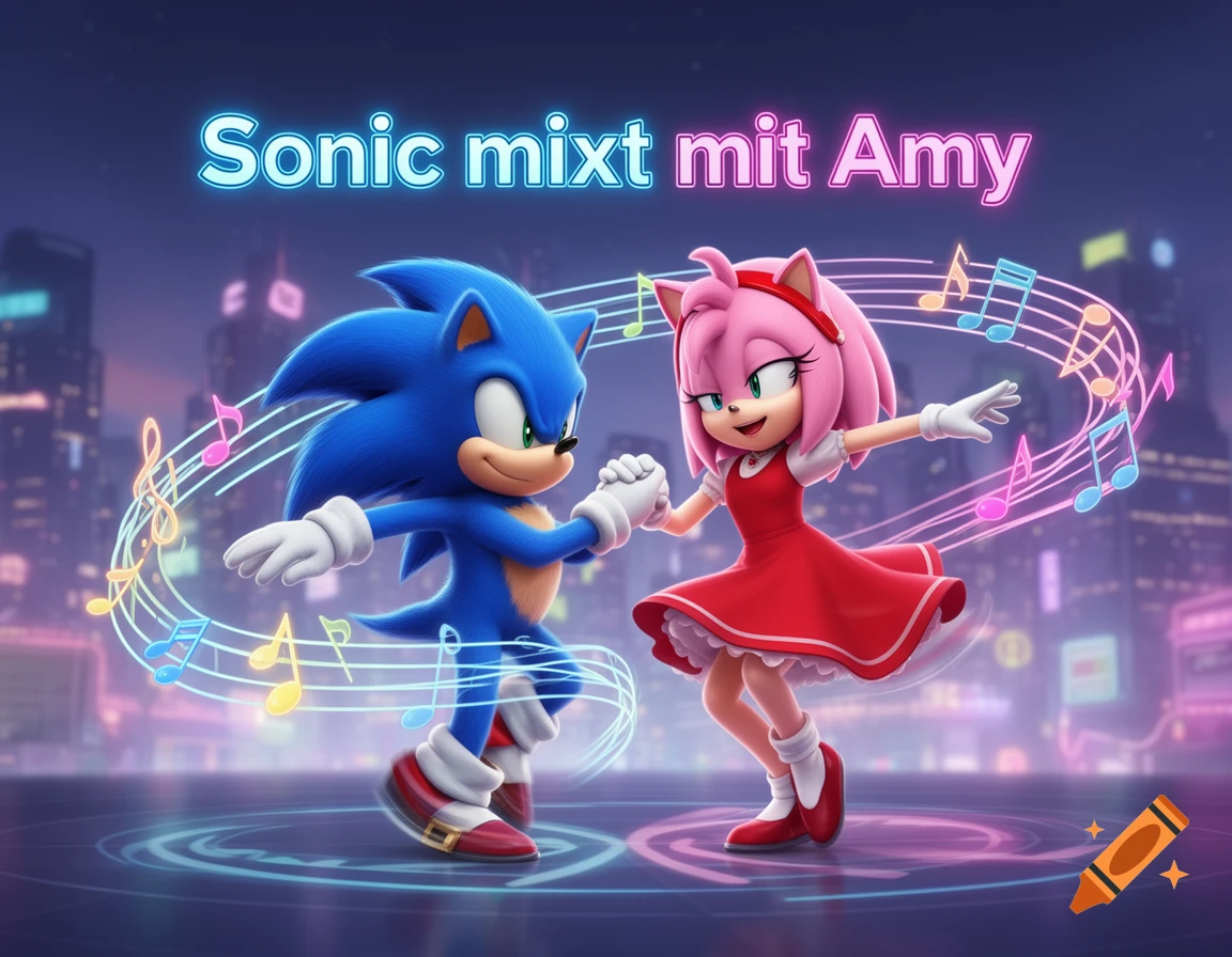 Sonic and Amy Rose dance hand-in-hand under glowing musical notes and the text 'Sonic mixt mit Amy' in a neon city.