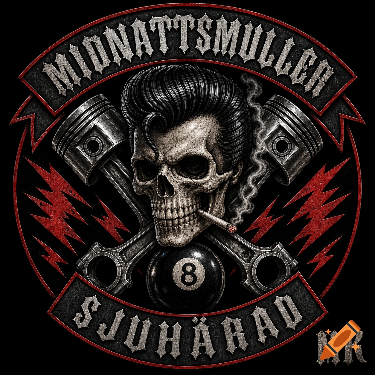 Circular car club logo featuring a rockabilly skull with a cigarette, crossed pistons, 8-ball, and text 'MIDNATTSMULLER SJUHÄRAD MK' on banners with red lightning.