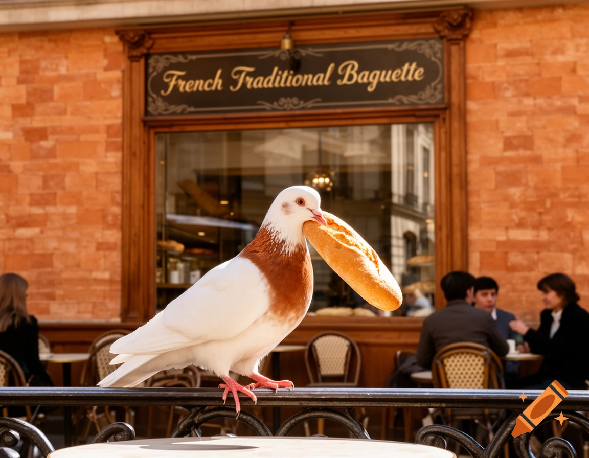 A brown and white pigeon holds a baguette in its beak, perched on a railing in front of a French bakery.