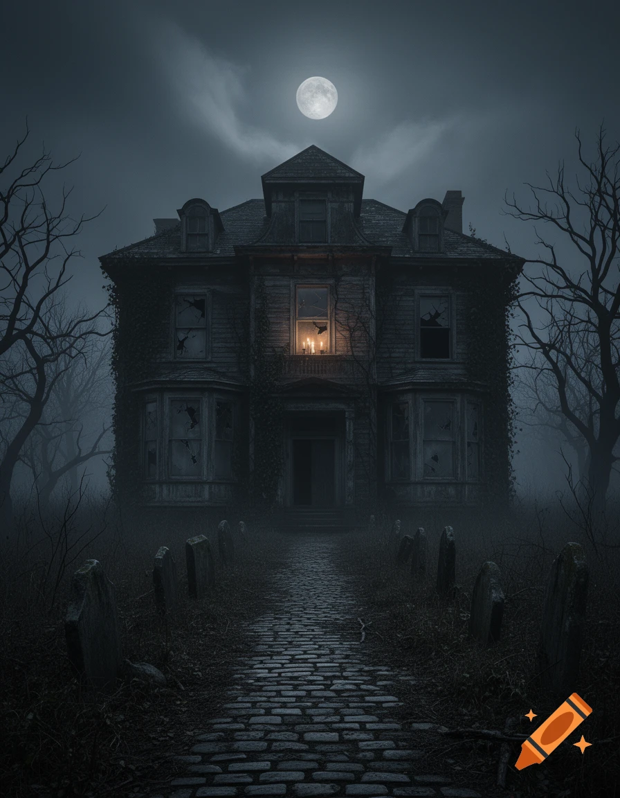A spooky, dilapidated haunted house shrouded in mist under a full moon, with a cobbled path flanked by gravestones and bare trees.