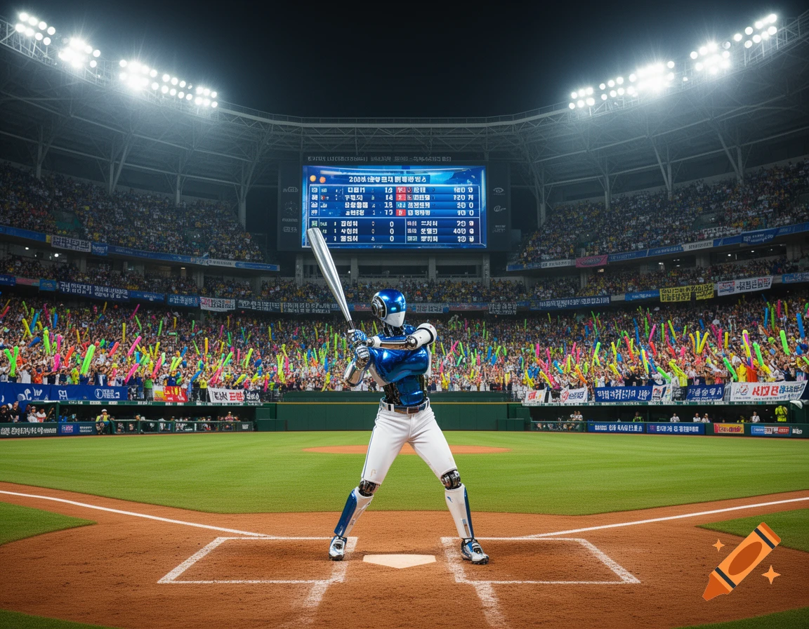 A robotic baseball player stands at home plate in a packed stadium during a night game, with a scoreboard visible in the background.