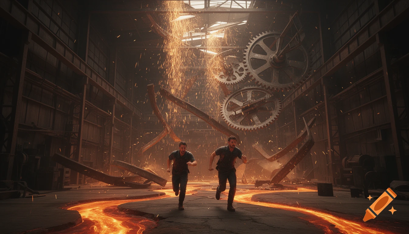 Two men run through a collapsing industrial factory floor with molten lava rivers, falling sparks, and giant gears.