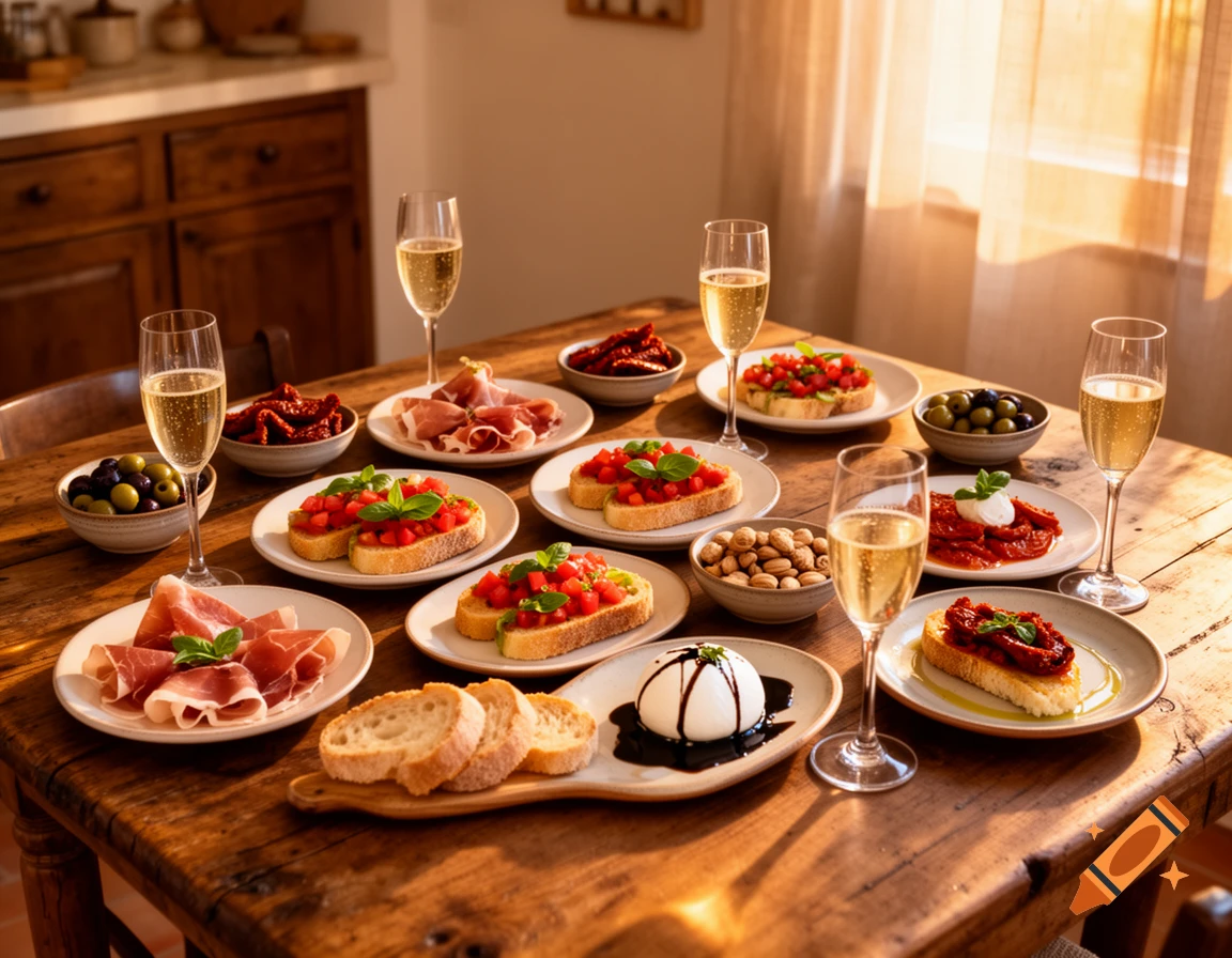 A rustic wooden table filled with plates of Italian appetizers including bruschetta, prosciutto, burrata, olives, and sparkling wine, bathed in warm sunlight.
