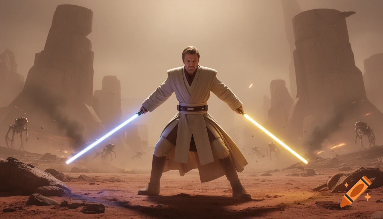 A man in desert robes wields a blue and a yellow lightsaber in a dynamic pose on a dusty, rocky alien battlefield with droids in the background.