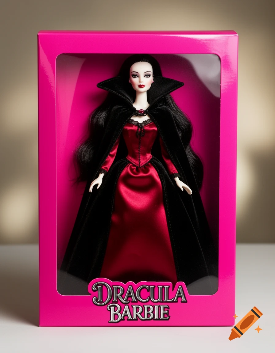 Dracula Barbie doll in a vibrant pink box with a clear viewing window, featuring "Dracula Barbie" text at the bottom.