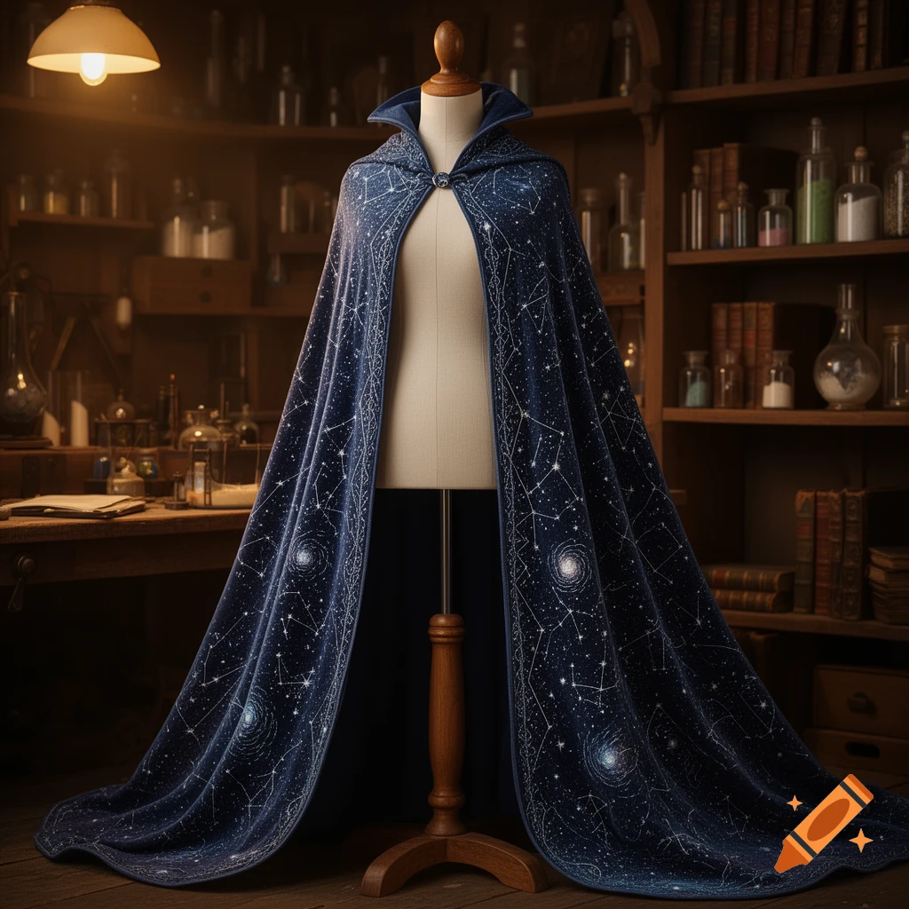 A dark blue cape with intricate white constellation and galaxy patterns, displayed on a mannequin in a wizard's study.