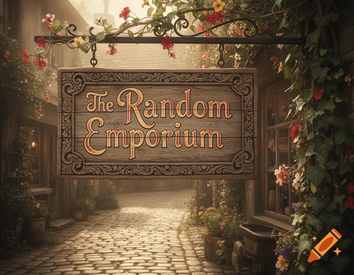 A detailed vintage wooden sign for "The Random Emporium" hangs above a cobblestone street, adorned with flowering vines.