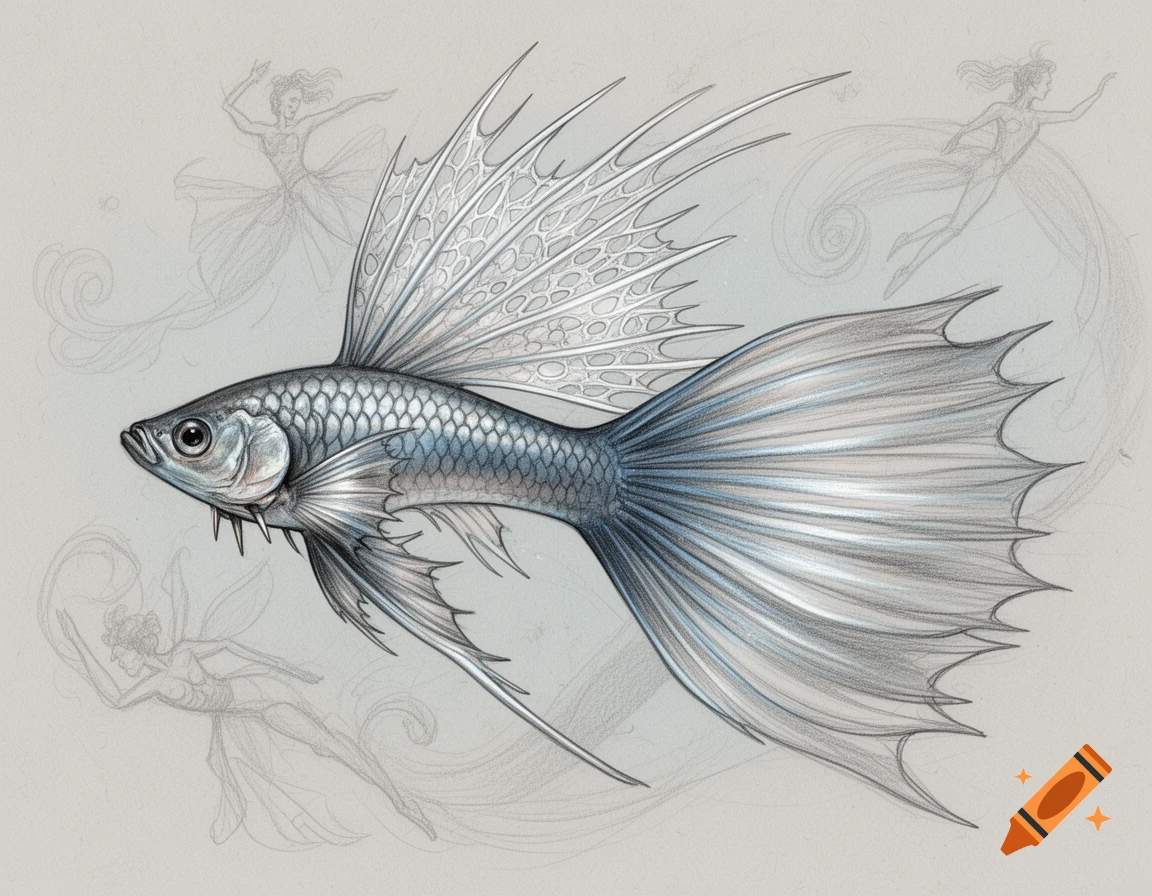 Detailed sketch of a silver and blue flying fish-like mythical creature with spiky, webbed fins and a flowing combtail.