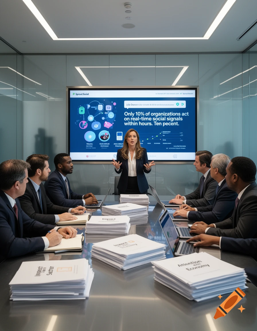 A woman stands and speaks in a modern conference room, gesturing towards a large screen displaying business data to five men seated around a table. Stacks of documents are on the table.