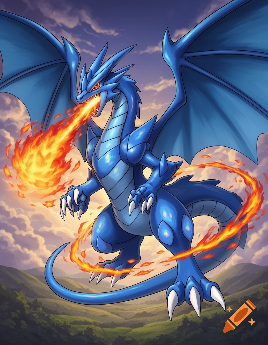 A blue, winged dragon with sharp claws breathes fire over green hills under a cloudy sky in a cartoon style.