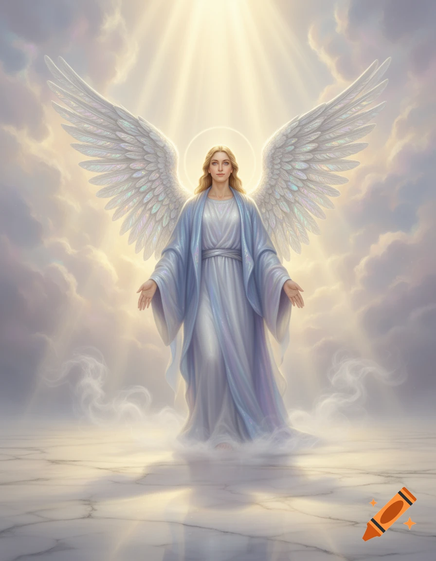 A radiant angel with large white wings, a halo, and flowing blue and white robes stands in a heavenly, cloudy setting with light rays.