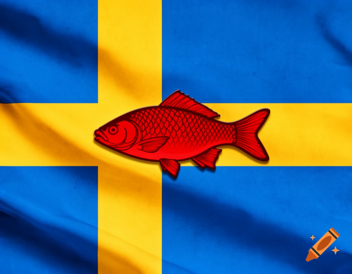A red two-dimensional fish emblem overlaid on a waving Swedish flag.
