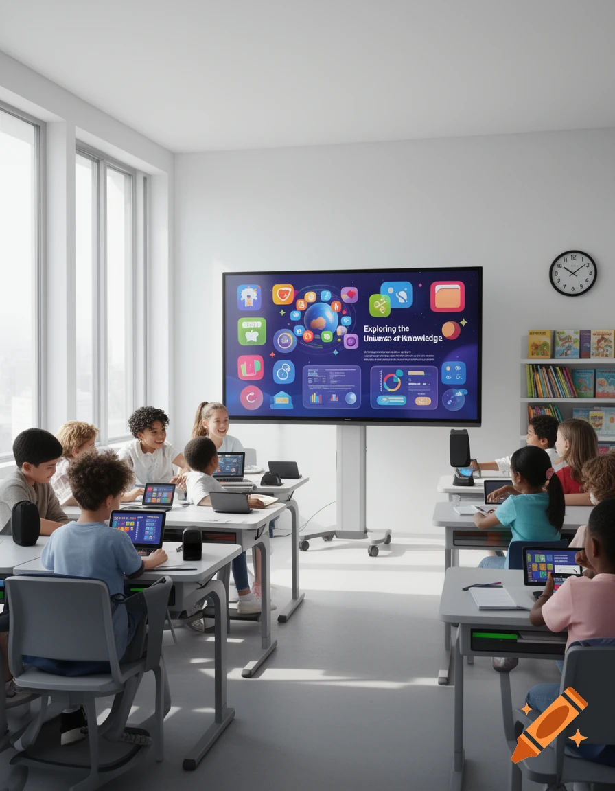 Children in a modern classroom using laptops and watching a large screen display educational content about the universe.