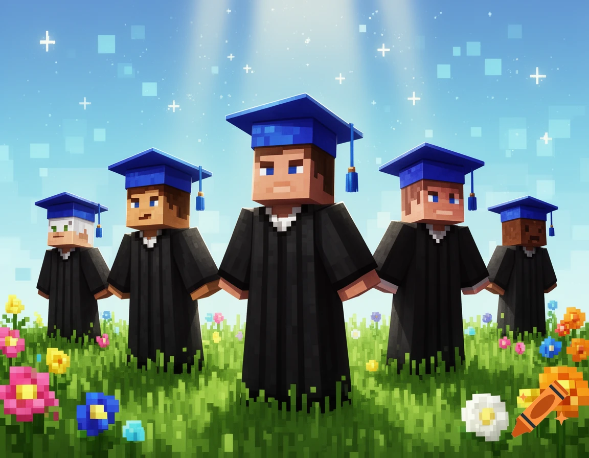 Five blocky Minecraft characters in blue graduation caps and black gowns stand in a field of colorful pixelated flowers under a bright sky.