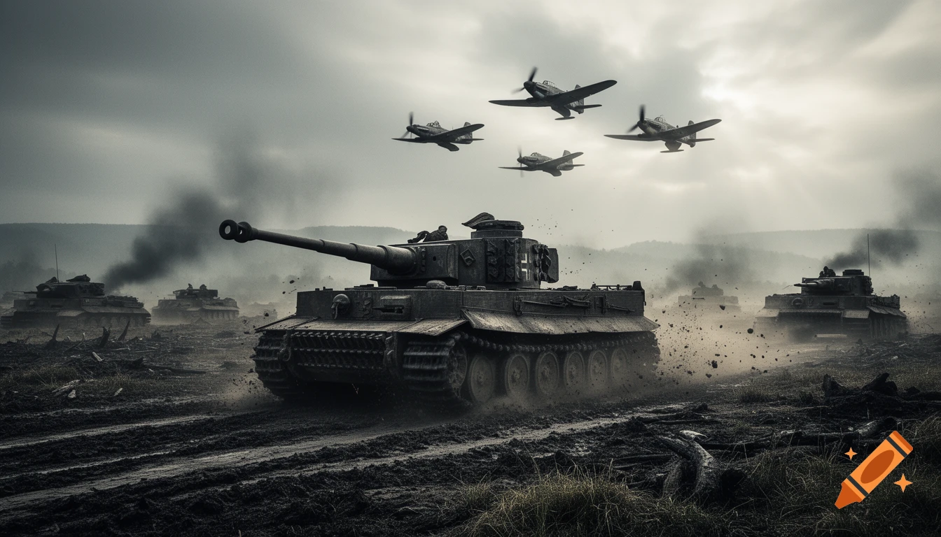 A photorealistic image of Tiger tanks and other panzers battling on a muddy field under a cloudy sky, with military planes flying overhead.