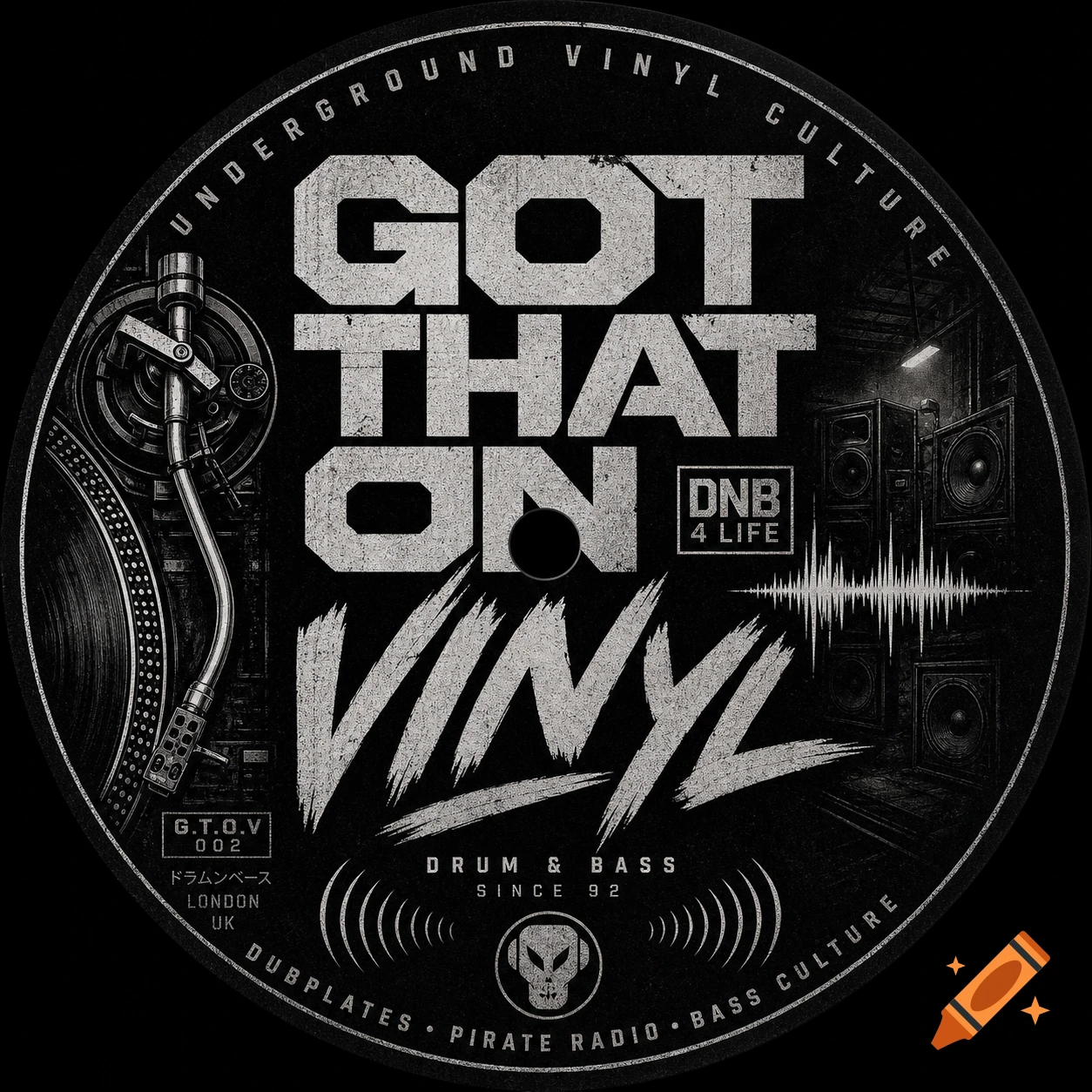 Black and white distressed logo on a vinyl record, reading 'Got That On Vinyl' with a turntable, speakers, sound waves, and a skull wearing headphones.