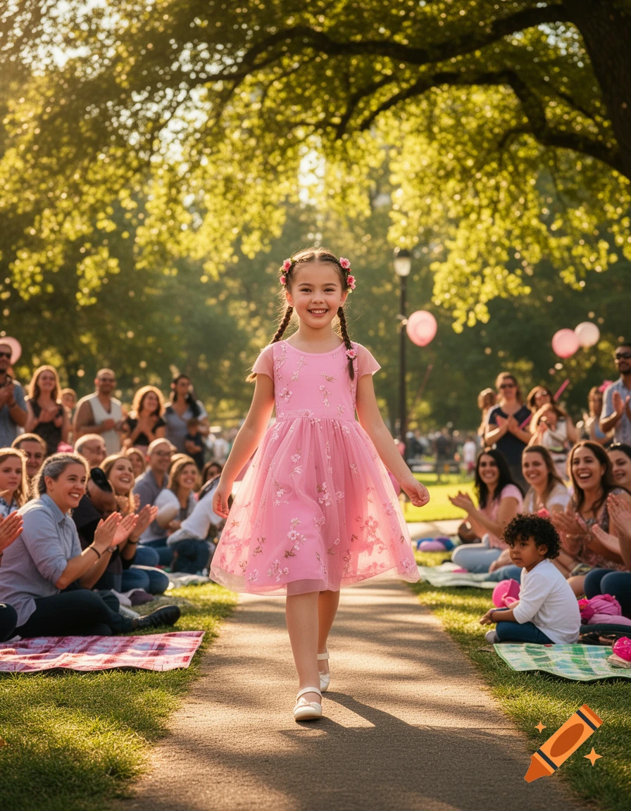 A smiling young girl in a pink floral dress walks down a park path as an audience claps. Photorealistic style.