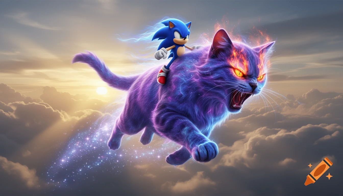 Sonic the Hedgehog rides an angry, glowing purple cat with fiery eyes, flying through a cloudy sky at sunset.