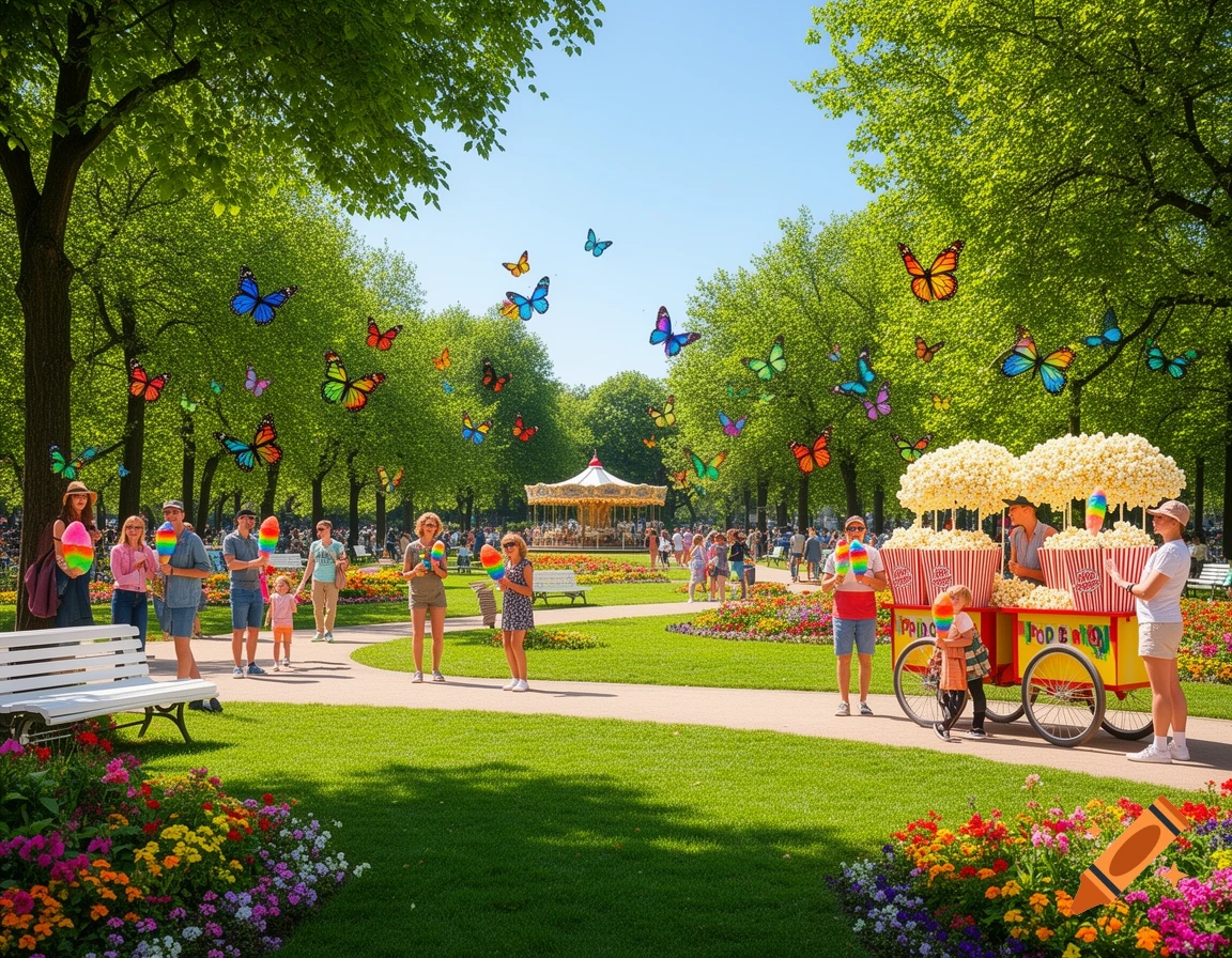 A sunny park with people, a popcorn stand, a carousel, and many colorful butterflies flying among trees and flowers.
