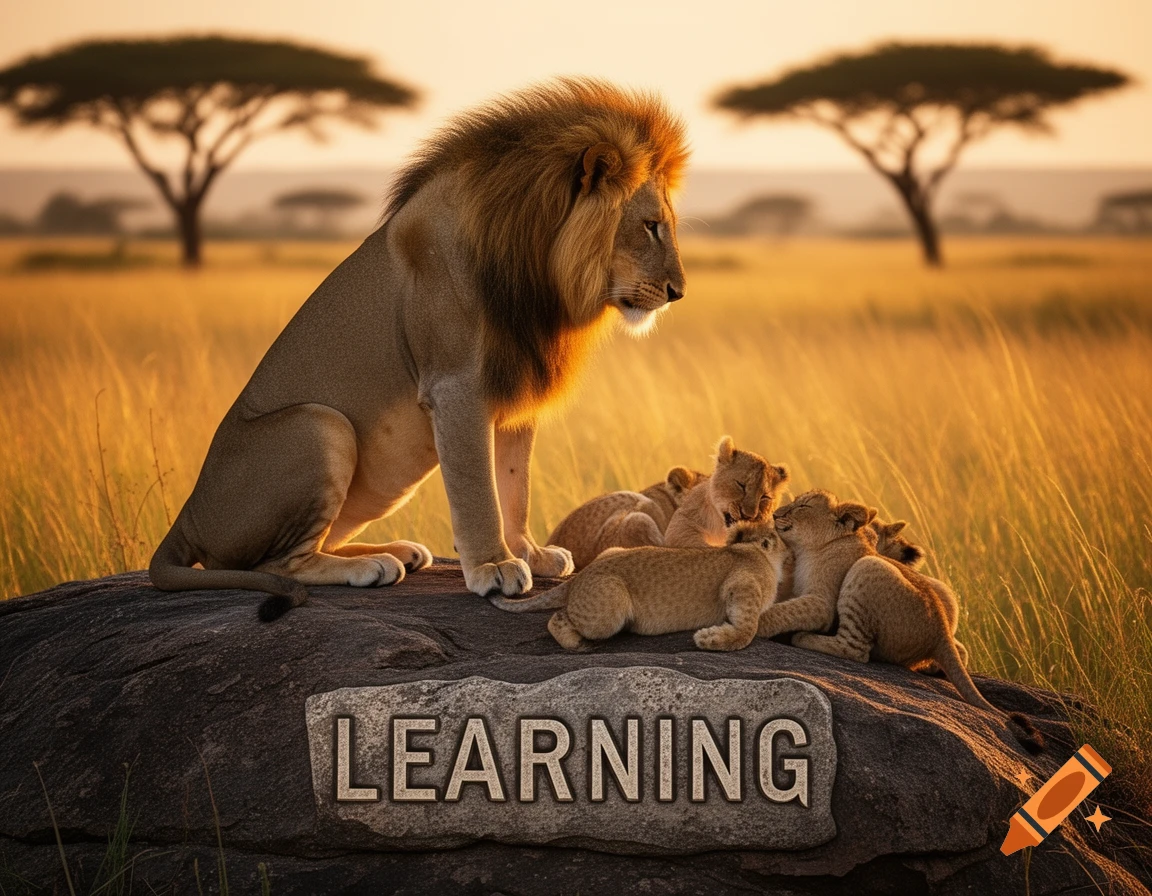 A majestic male lion sits on a rock with several lion cubs, with the word 'LEARNING' carved into the rock, in a golden savanna at sunset.