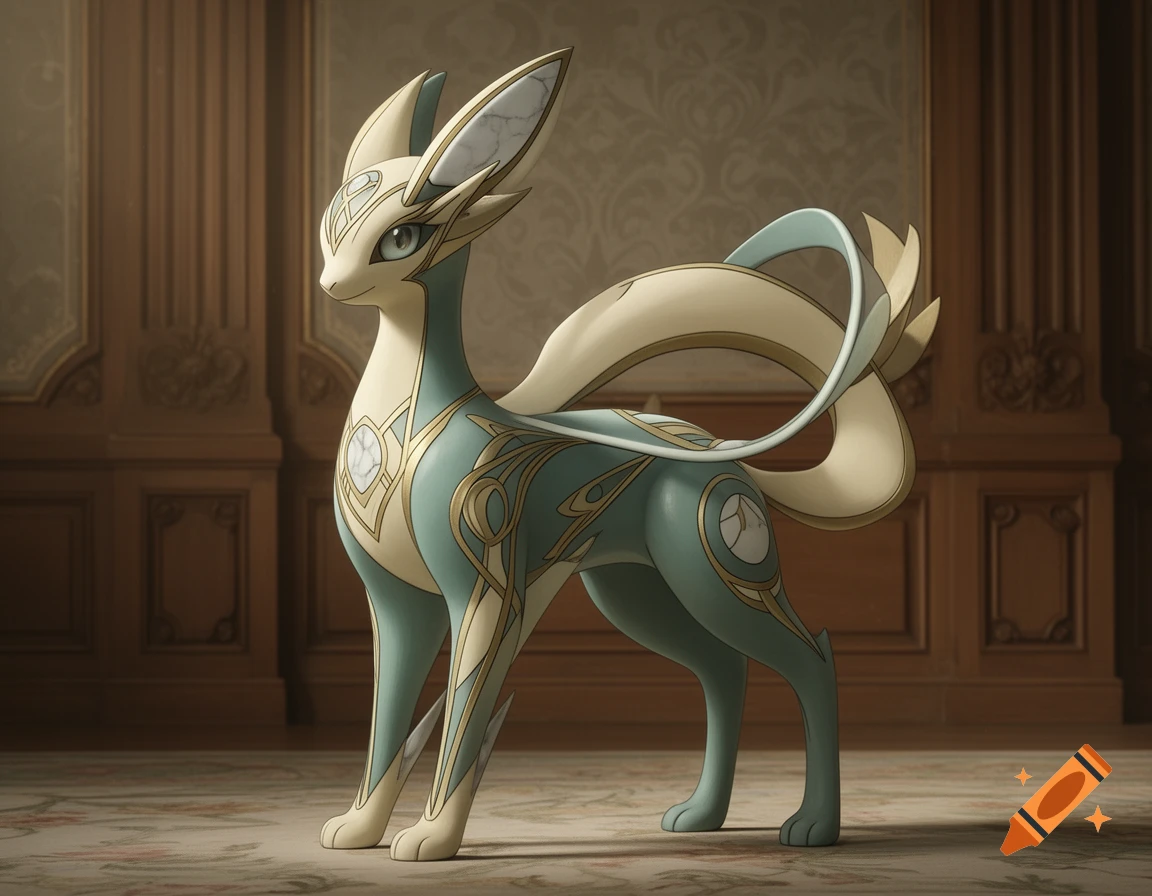 An elegant, ornate Pokémon-like creature in pale blue, cream, and gold, standing in an opulent room with decorative patterns, in a Wiener Werkstatt style.