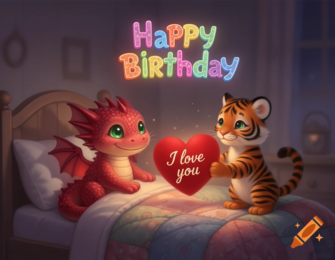 Cute illustration of a red dragon in bed and a tiger holding a heart that says 'I love you', with 'Happy Birthday' above them.