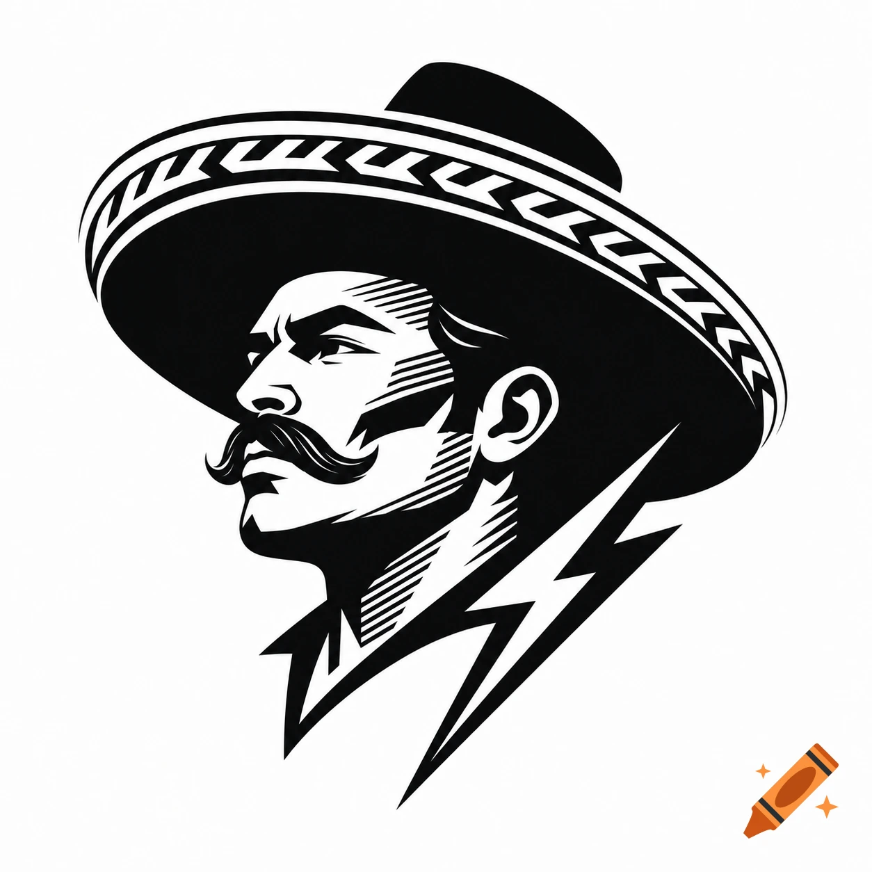 Black and white stylized illustration of a man with a mustache and sombrero, with a lightning bolt design.