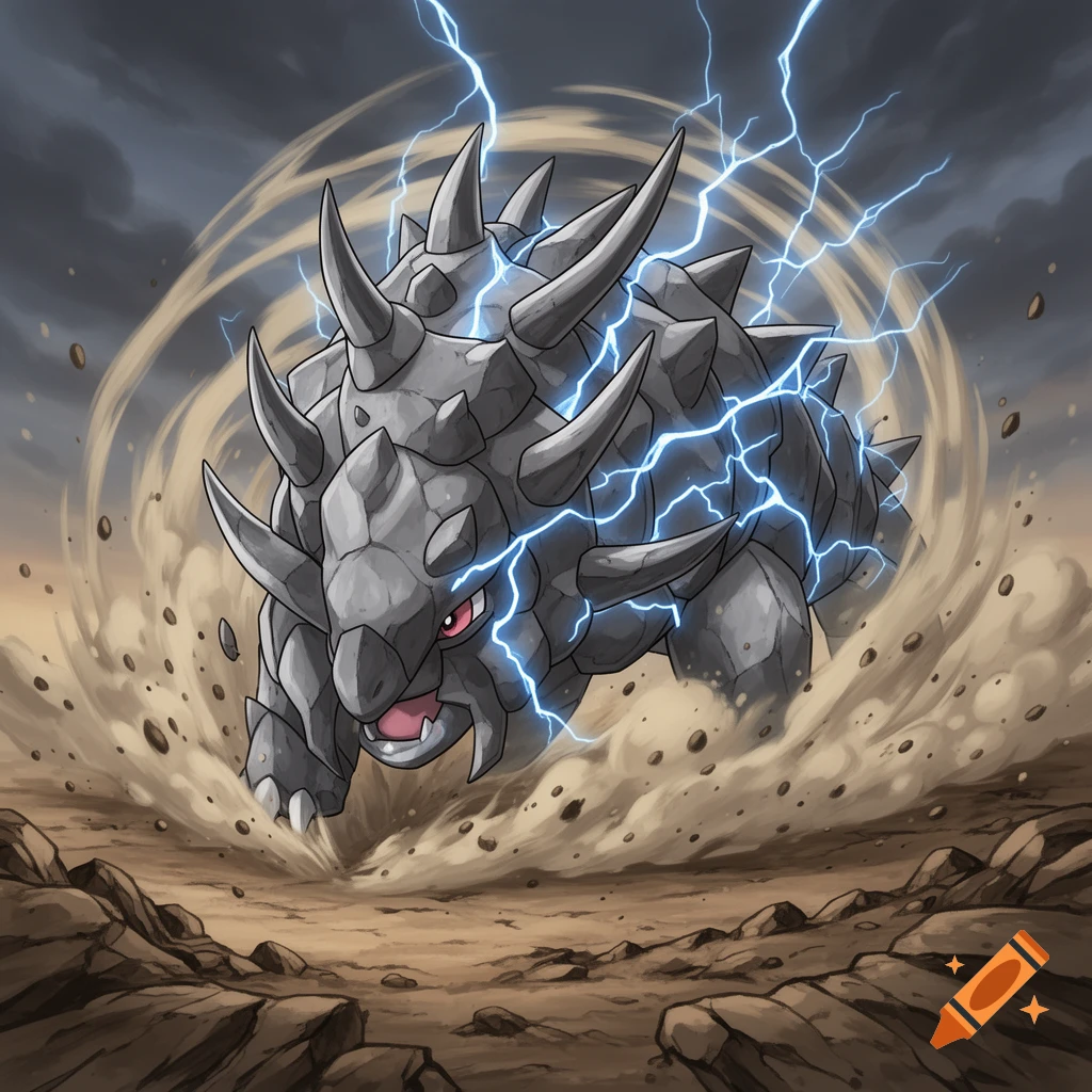 A spiky grey rock-armadillo-like Pokémon with red eyes, enveloped in blue lightning and swirling dust, charges across a rocky terrain.