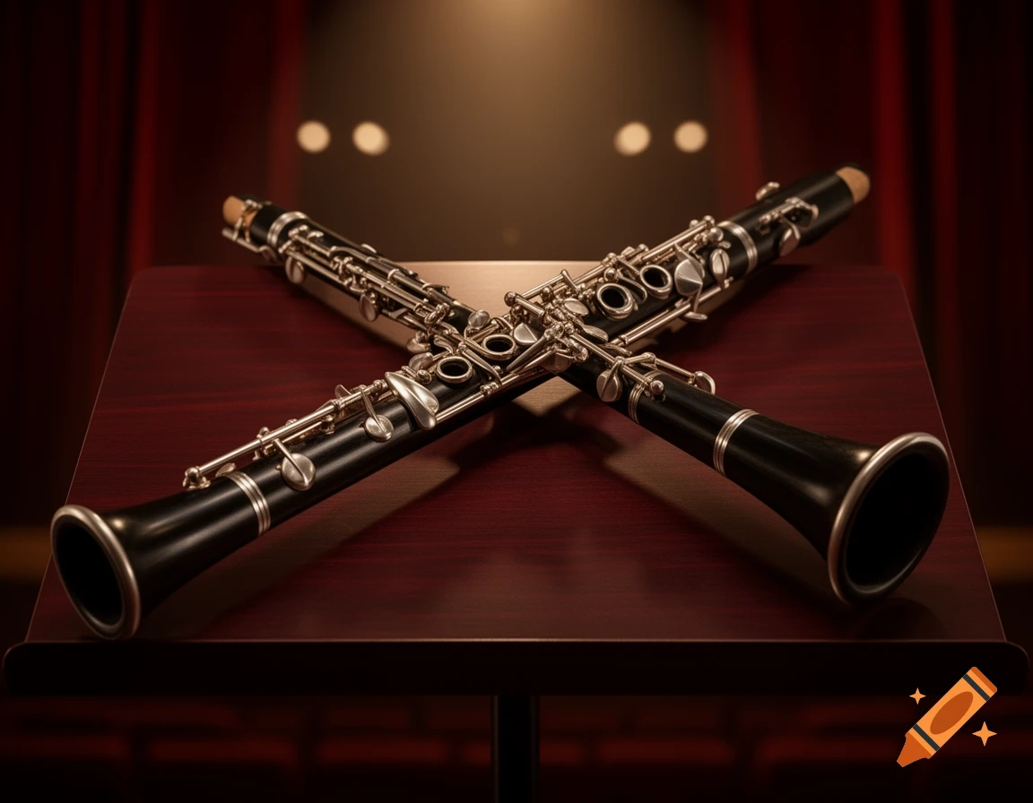 Two black clarinets with silver keys are crossed on a dark wooden table in a dimly lit stage with red curtains.