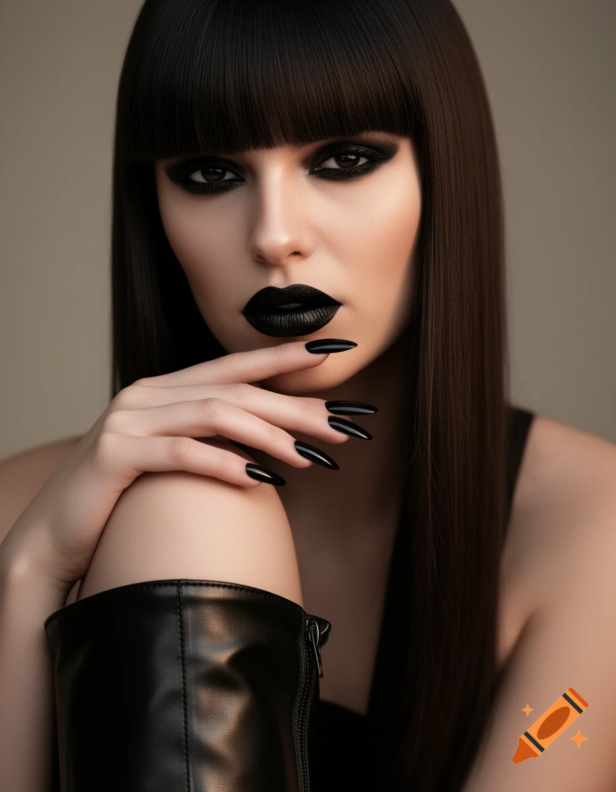 Photorealistic portrait of a woman with long dark hair, bangs, intense black eye makeup, black lipstick, and black nails, wearing a black leather boot.