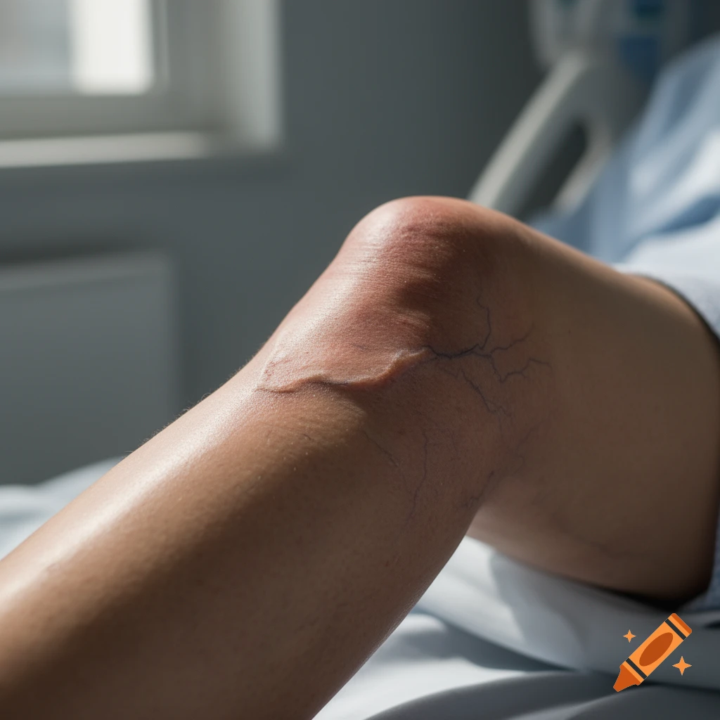 Close-up of a person's knee and upper leg with visible veins and a raised scar-like feature, lying on a bed.