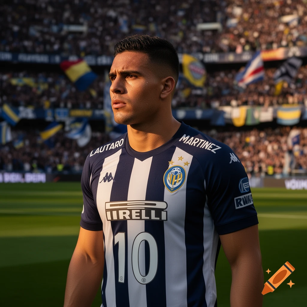 Photorealistic image of soccer player Lautaro Martinez in a blue and white striped jersey with the number 10, standing on a football pitch in a stadium.
