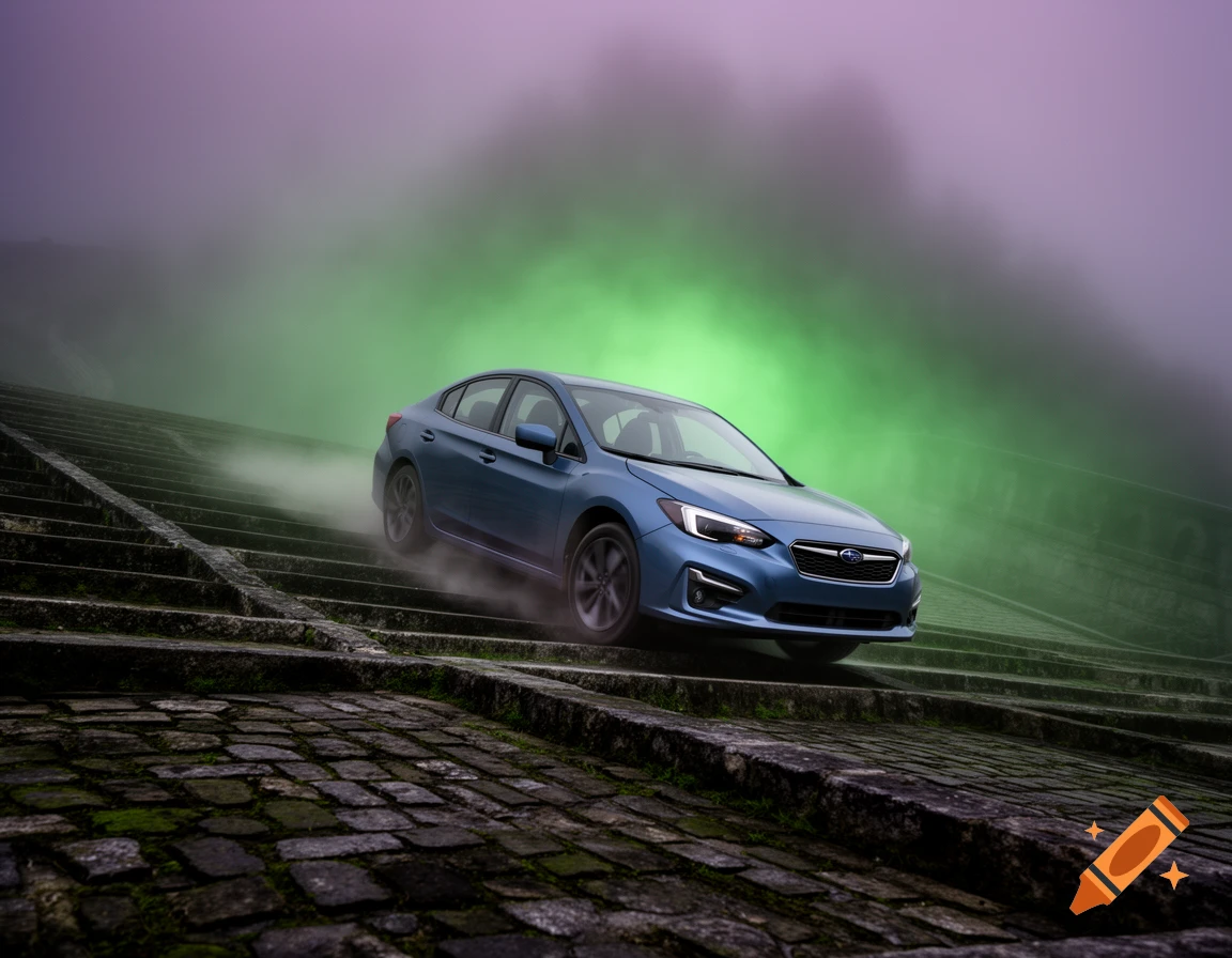 A blue Subaru drives up a wide stone staircase, shrouded in green mist under a purple sky.